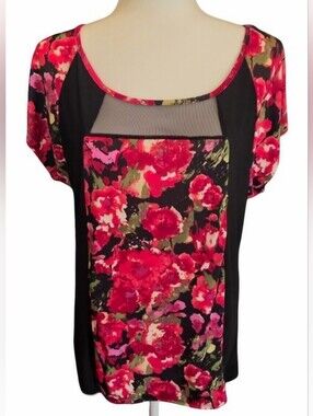 Forever Jade Y2K Floral Contrast Tunic Top Sheer Mesh Panel High-Low S